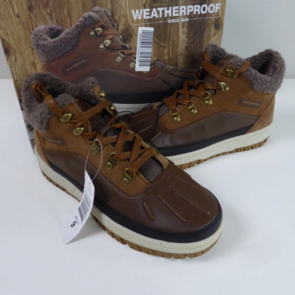 Weatherproof Landon Leather Memory Foam Duck Boot NIB Faux Fur Collar